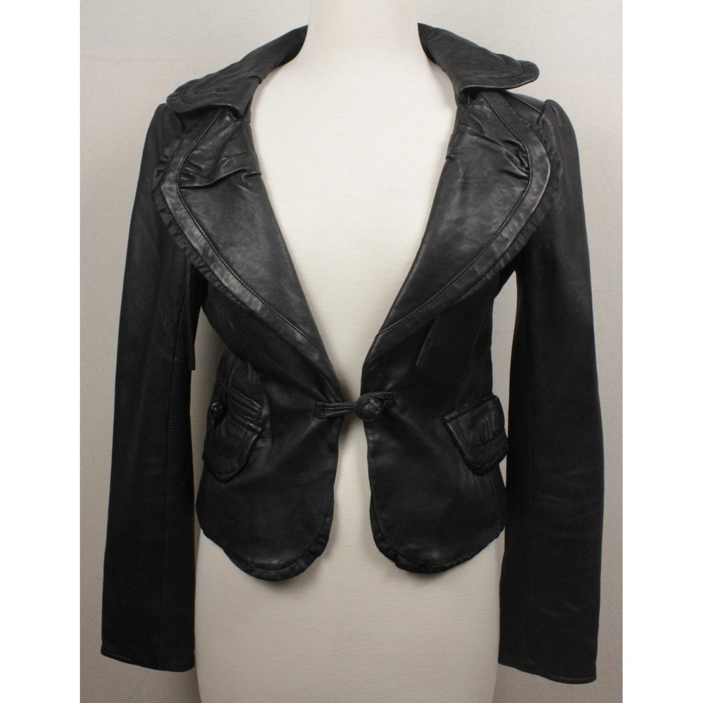 Bebe Leather Jacket Womens S Blk Y2K Indie Sleaze Ruffle Satin Fitted Whimsigoth